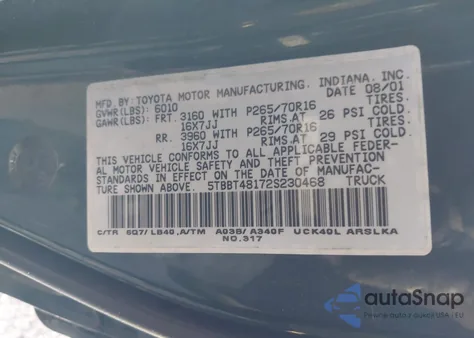 2002 Toyota Tundra Ltd V8 из США, поврежденный, VIN 5TBBT48172S230468